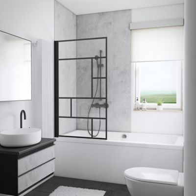 Pare-baignoire pivotant 1 volet, 80 x 140 cm, style verrière industrielle, verre transparent anticalcaire 5 mm, profilé noir mat, Schulte Atelier