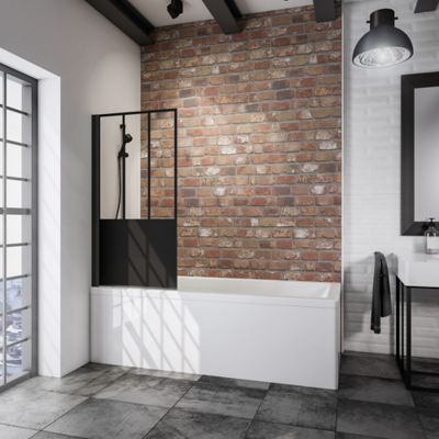 Pare-baignoire pivotant 1 volet, 80 x 140 cm, style verrière industrielle, verre transparent anticalcaire 5 mm, profilé noir mat, Schulte Loft