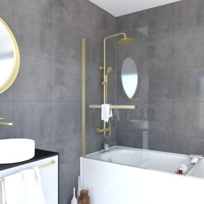Pare-baignoire pivotant 150 x 85 cm, profilés aluminium doré brossé, porte-serviette, Galedo Prime