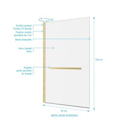 Pare-baignoire pivotant 150 x 85 cm, profilés aluminium doré brossé, porte-serviette, Galedo Prime