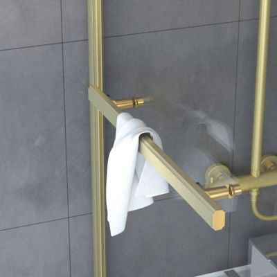 Pare-baignoire pivotant 150 x 85 cm, profilés aluminium doré brossé, porte-serviette, Galedo Prime