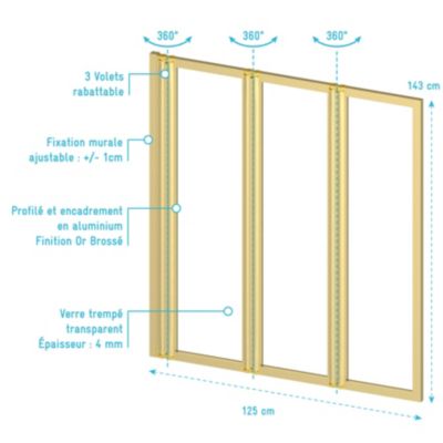 Pare baignoire Pivotant 3 Volets Or Brossé - 125x143 cm - Verre Trempé 4 mm - ZAGGY GOLD