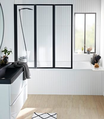 Pare-baignoire pivotant 3 volets pliables, 127 x 140 cm, style verrière industrielle, verre transparent 3 mm, profilé noir mat, Schulte Golf