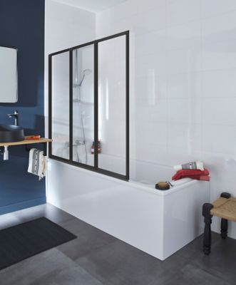 Pare-baignoire pivotant 3 volets pliables, 127 x 140 cm, style verrière industrielle, verre transparent 3 mm, profilé noir mat, Schulte Golf
