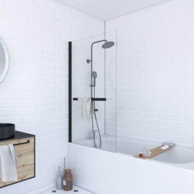 Pare baignoire Pivotant avec Porte-Serviette 85x150cm - Profilé Noir - Verre 6mm - TSHAPE DARK
