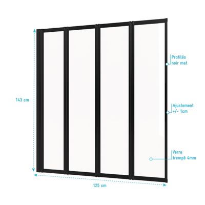 Pare baignoire Quatro 4 volets pivotants noir 143 x 125cm Galedo