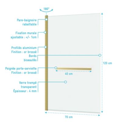 Pare-baignoire rabattable 120 x 70 cm, profilés aluminium doré brossé, porte-serviette, Galedo Essentiel