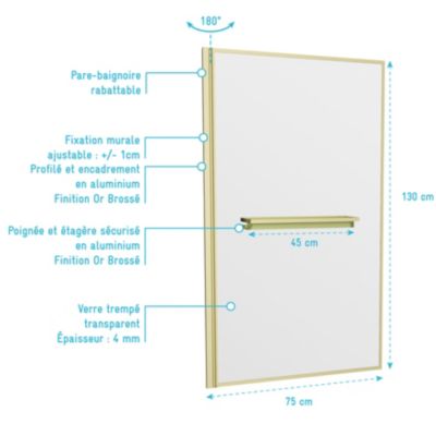 Pare-baignoire rabattable 130 x 75 cm, profilés aluminium doré brossé, porte-serviette/étagère, Galedo Golden Edge