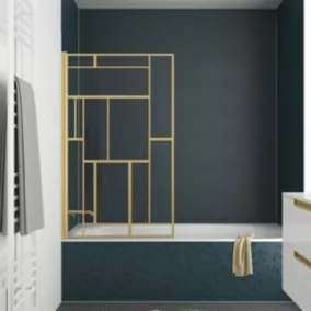 Pare-baignoire rabattable 140 x 80 cm, profilés alu doré, motifs dorés, Galedo Art Deco