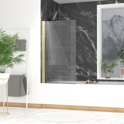 Pare-baignoire rabattable 140 x 80 cm, profilés aluminium doré, verre ondulé, Galedo Wave