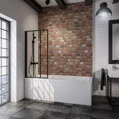 Pare-baignoire rabattable, 70 x 130 cm, verre 5 mm, profilé noir, décor industrielle, Schulte