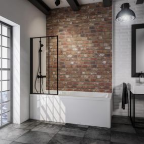 Pare-baignoire rabattable, 70 x 130 cm, verre 5 mm, profilé noir, décor industrielle, Schulte