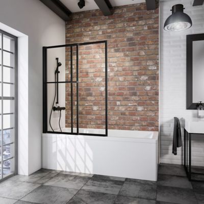 Pare-baignoire rabattable et coulissant 2 volets, 70 -118 x 140 cm, style industriel, verre transparent 3 mm, profilé noir, Schulte