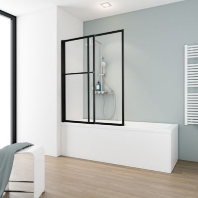 Pare-baignoire rabattable et coulissant 2 volets, 70 -118 x 140 cm, style industriel, verre transparent 3 mm, profilé noir, Schulte