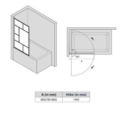 Pare-baignoire SIRHONA 800x1400mm Ecran de Baignoire Industriel + Verre Transparent  6 mm + Double Construction en Aluminium