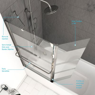 Pare baignoire + volet pivotant 130x105- Profile aluminium chrome et verre transparent bande depolie