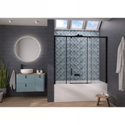 Pare-bain Kinedo Smart Design Pegasus coulissant pose entre 2 murs 180x148 gris noir grainé verre transparent partie fixe à droite