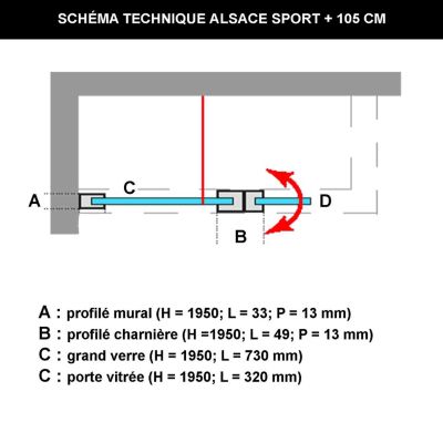 Pare douche fixe avec déflecteur Droit en verre sécurité ép 6mm - L(73+32)105xH195 cm - blanc - SUPERBAN Alsace Sport