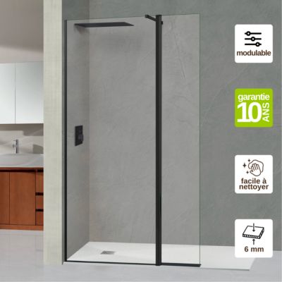 Pare douche fixe avec déflecteur Droit en verre sécurité ép 6mm - L(73+32)105xH195 cm - noir mat - SUPERBAN Alsace Sport