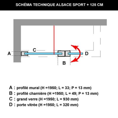 Pare douche fixe avec déflecteur Droit en verre sécurité ép 6mm - L(93+32)125xH195 cm - blanc - SUPERBAN Alsace Sport