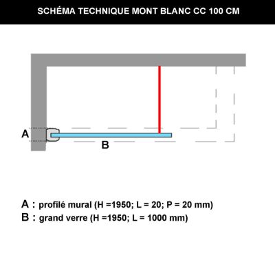 Pare douche fixe en verre sécurité ép 6mm - L.100xH.195 cm - profilé blanc mat - SUPERBAN Mont Blanc CC