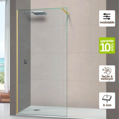 Pare douche fixe en verre sécurité ép 6mm - L.100xH.195 cm - profilé or brossé - SUPERBAN Mont Blanc CC