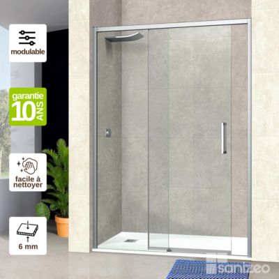 Pare douche porte coulissante DROITE en verre ép 6mm L100/104xH195 cm - profilé chrome - SUPERBAN Vézannes 2P