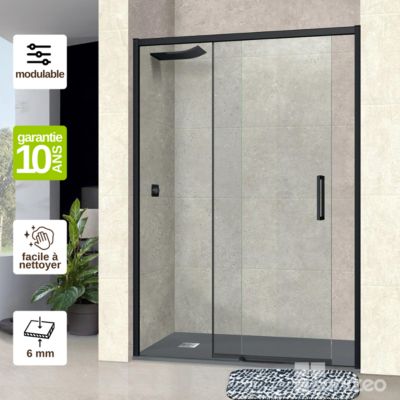 Pare douche porte coulissante DROITE en verre ép 6mm L100/104xH195 cm - profilé noir mat - SUPERBAN Vézannes 2P