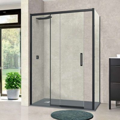 Pare douche porte coulissante et paroi latérale DROITE - L.100/104xl.80xH195 cm - verre 6mm Noir Mat SUPERBAN Vézannes 2PL