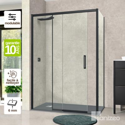 Pare douche porte coulissante et paroi latérale DROITE - L.100/104xl.80xH195 cm - verre 6mm Noir Mat SUPERBAN Vézannes 2PL