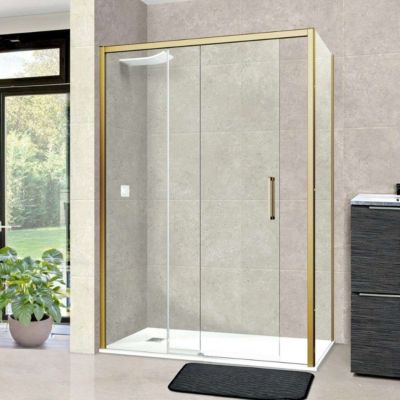 Pare douche porte coulissante et paroi latérale DROITE - L.100/104xl.80xH195 cm - verre 6mm Or Brossé SUPERBAN Vézannes 2PL