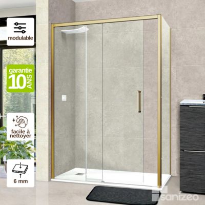 Pare douche porte coulissante et paroi latérale DROITE - L.100/104xl.80xH195 cm - verre 6mm Or Brossé SUPERBAN Vézannes 2PL