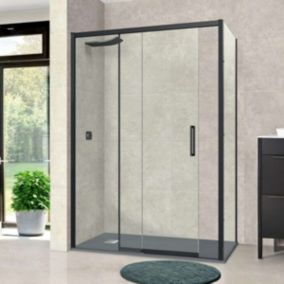 Pare douche porte coulissante et paroi latérale DROITE - L.108/112xl.80xH195 cm - verre 6mm Noir Mat SUPERBAN Vézannes 2PL