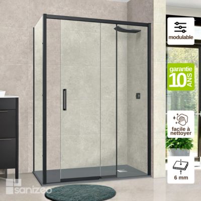 Pare douche porte coulissante et paroi latérale GAUCHE - L.100/104xl.80xH195 cm - verre 6mm Noir Mat SUPERBAN Vézannes 2PL