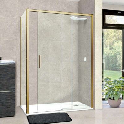 Pare douche porte coulissante et paroi latérale GAUCHE - L.140/144xl.80xH195 cm - verre 6mm Or Brossé SUPERBAN Vézannes 2PL