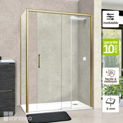 Pare douche porte coulissante et paroi latérale GAUCHE - L.140/144xl.80xH195 cm - verre 6mm Or Brossé SUPERBAN Vézannes 2PL