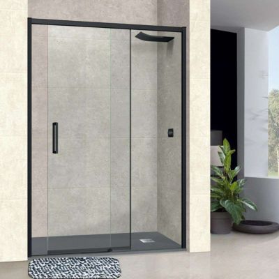 Pare douche porte coulissante GAUCHE en verre ép 6mm L100/104xH195 cm - profilé noir mat - SUPERBAN Vézannes 2P