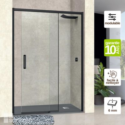 Pare douche porte coulissante GAUCHE en verre ép 6mm L100/104xH195 cm - profilé noir mat - SUPERBAN Vézannes 2P