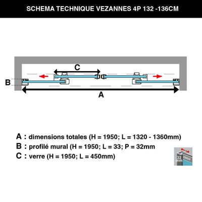 Pare douche portes coulissantes en verre ép 6mm L132/136xH195 cm - profilé chrome - SUPERBAN Vézannes 4P