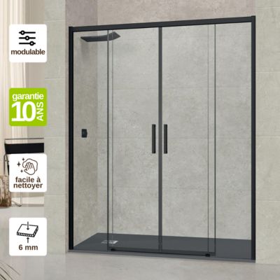 Pare douche portes coulissantes en verre ép 6mm L132/136xH195 cm - profilé noir mat - SUPERBAN Vézannes 4P