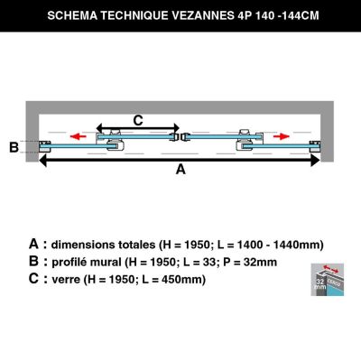 Pare douche portes coulissantes en verre ép 6mm L140/144xH195 cm - profilé chrome - SUPERBAN Vézannes 4P