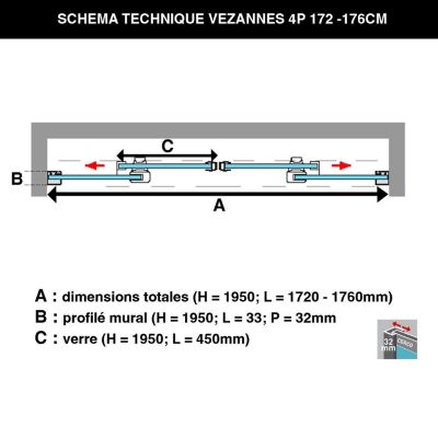 Pare douche portes coulissantes en verre ép 6mm L172/176xH195 cm - profilé chrome - SUPERBAN Vézannes 4P