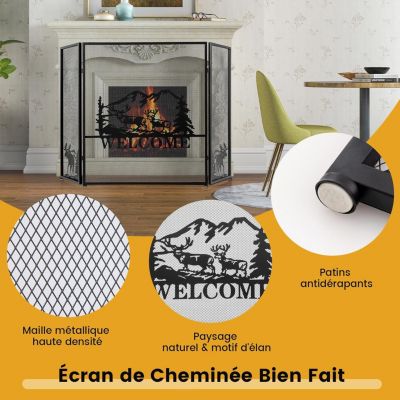 Pare Feu Cheminée Pliable 3 Panneaux en Fer Écran de Cheminée PareÉtincelles Pliable pour Décoration de Salon