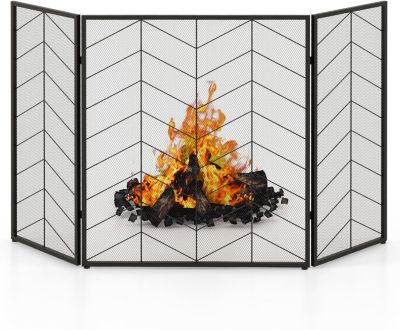 Pare Feu Cheminée Pliable 3 Panneaux en Fer Écran de Cheminée PareÉtincelles Pliable