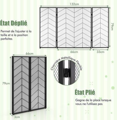 Pare Feu Cheminée Pliable 3 Panneaux en Fer Écran de Cheminée PareÉtincelles Pliable