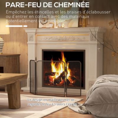 Pare-feu cheminée pliable 3 panneaux style médiéval - pare-étincelles 2 flèches métal maille noir