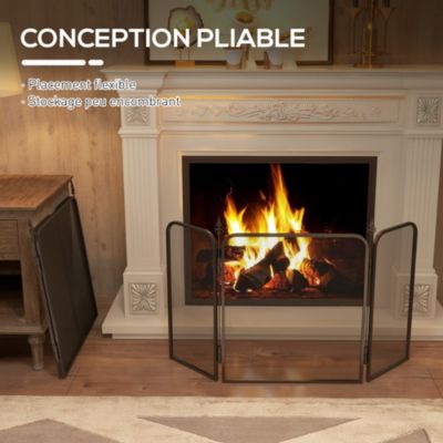 Pare-feu cheminée pliable 3 panneaux style médiéval - pare-étincelles 2 flèches métal maille noir