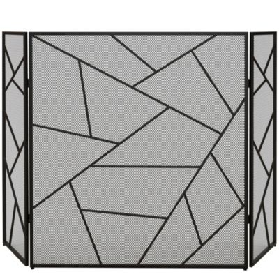 Pare-feu cheminée poêle design graphique - 3 volets pliables - dim. 135L x 1,2l x 85H cm - acier métal noir