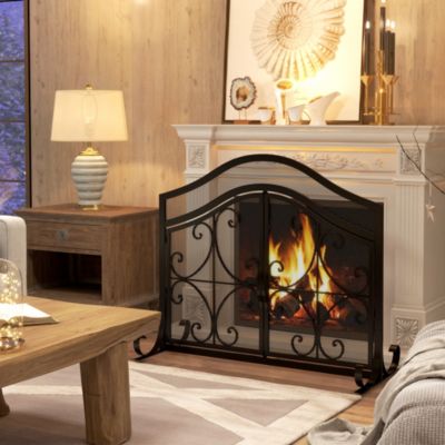 Pare-feu cheminée poêle style fer forgé - pare-étincelles 2 portes - dim. 105L x 40l x 80H cm - acier métal noir