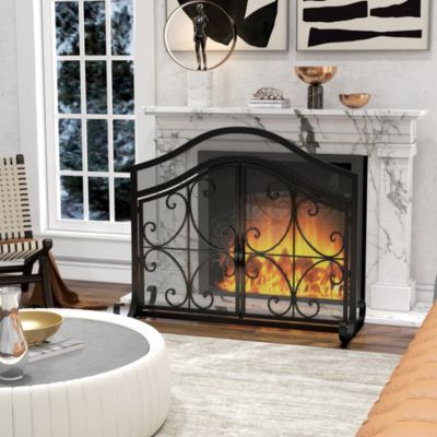 Pare-feu cheminée poêle style fer forgé - pare-étincelles 2 portes - dim. 105L x 40l x 80H cm - acier métal noir